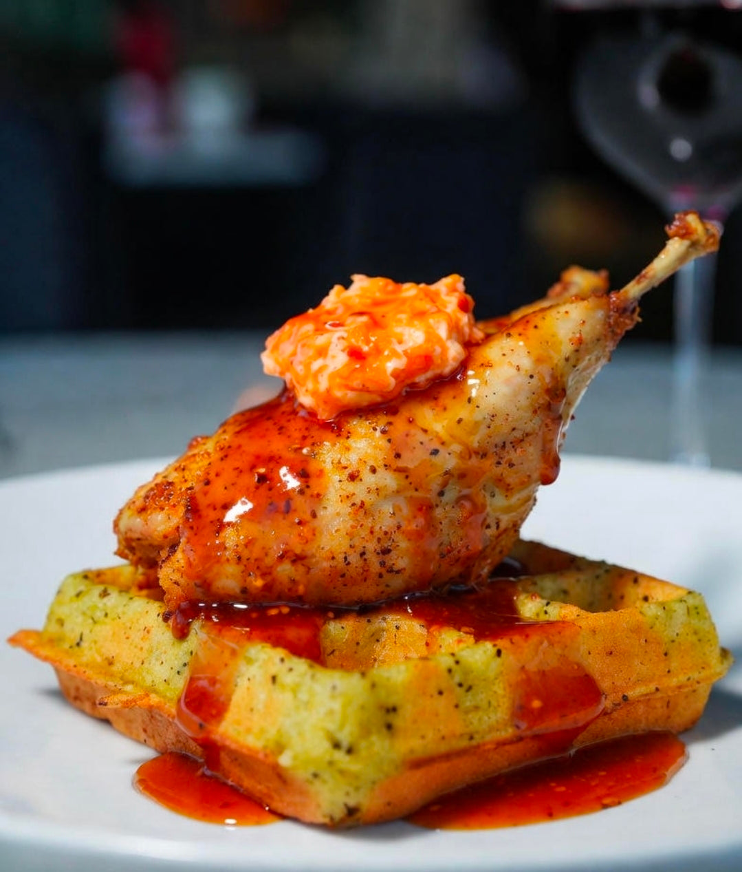 Crispy Fried Quail with Hot Honey, Pickle-Brined Waffle, and Infused Pimento Cheese Butter