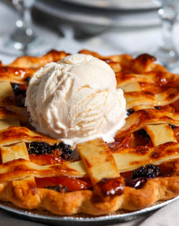 Double-Crust Peach & Blackberry Pie with Infused Brown-Butter Lattice and Buttermilk-Vanilla Bean Ice Cream
