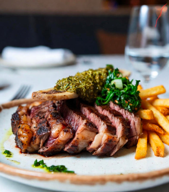 Reverse-Seared Ribeye Cap with Cannabis-Bone Marrow Butter, Charred Scallion Chimichurri, and Duck-Fat Fries