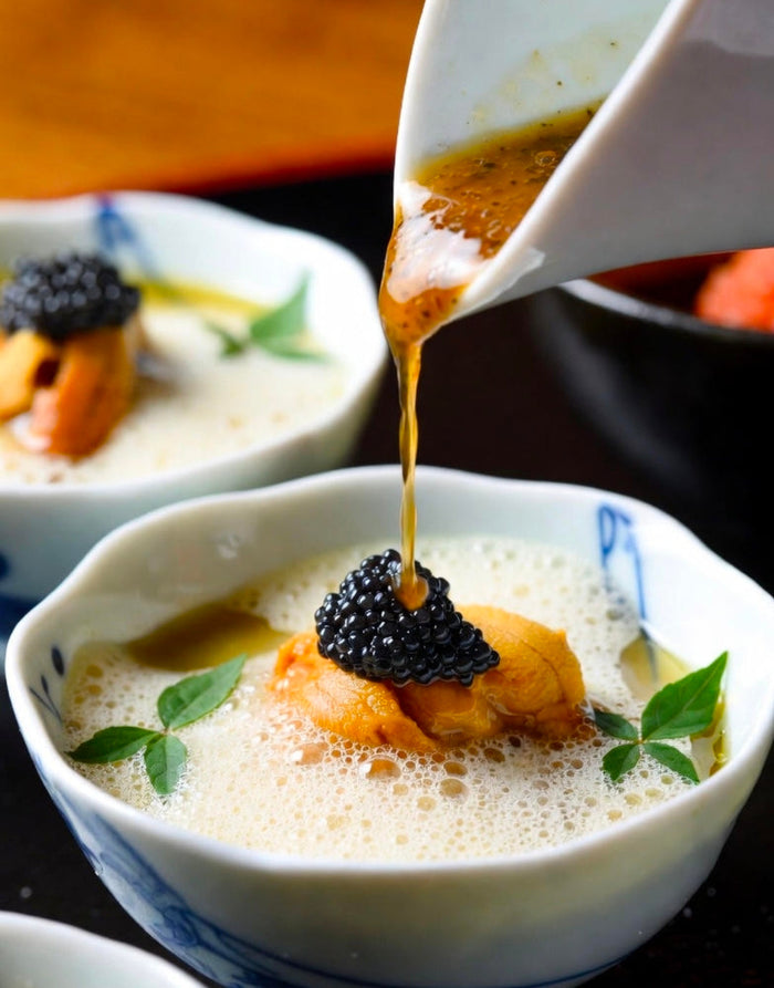 Uni & Caviar Chawanmushi with Infused Dashi Butter and Warm Sake Sabayon
