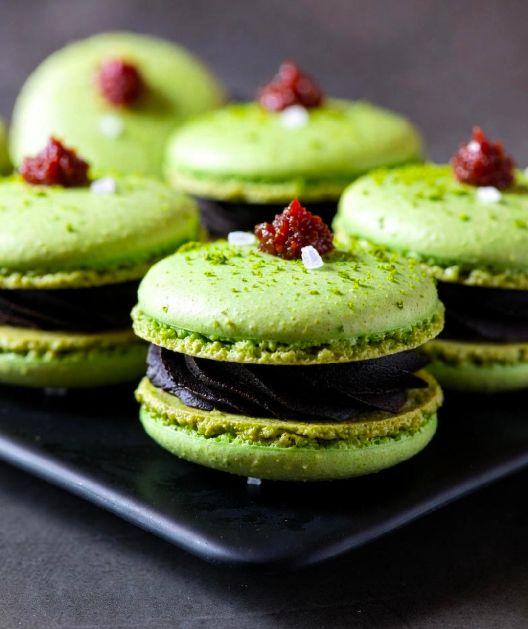 Yuzu-Kosho THC Macarons Filled with Distillate Ganache