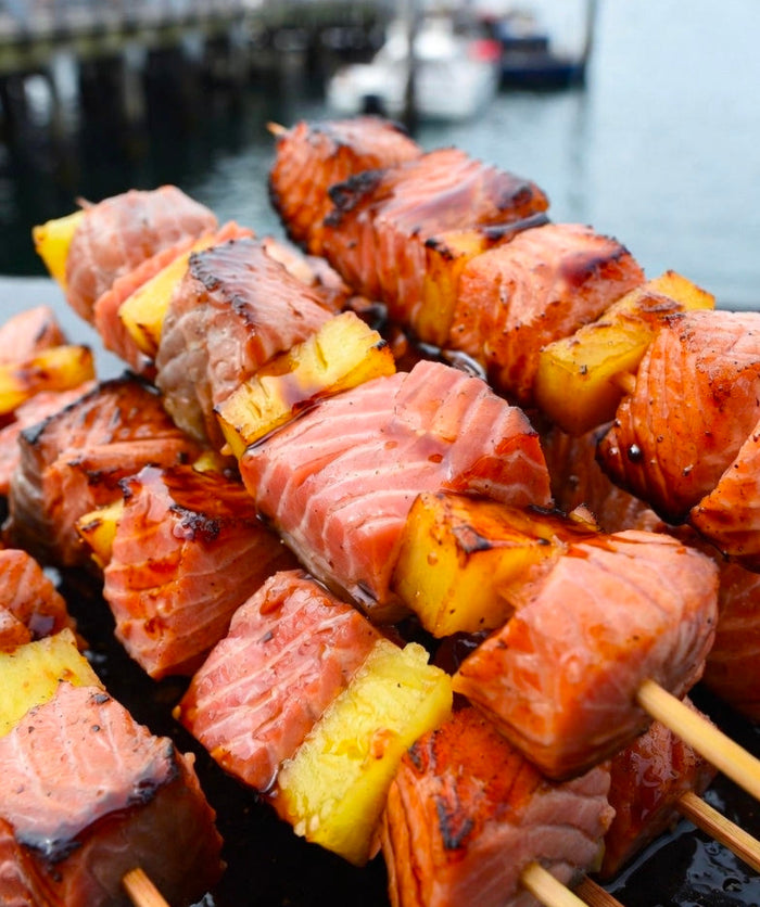 Seattle Salmon Candy Teriyaki Skewer Bombs with THC-Infused Maple-Soy Glaze (65 mg each)