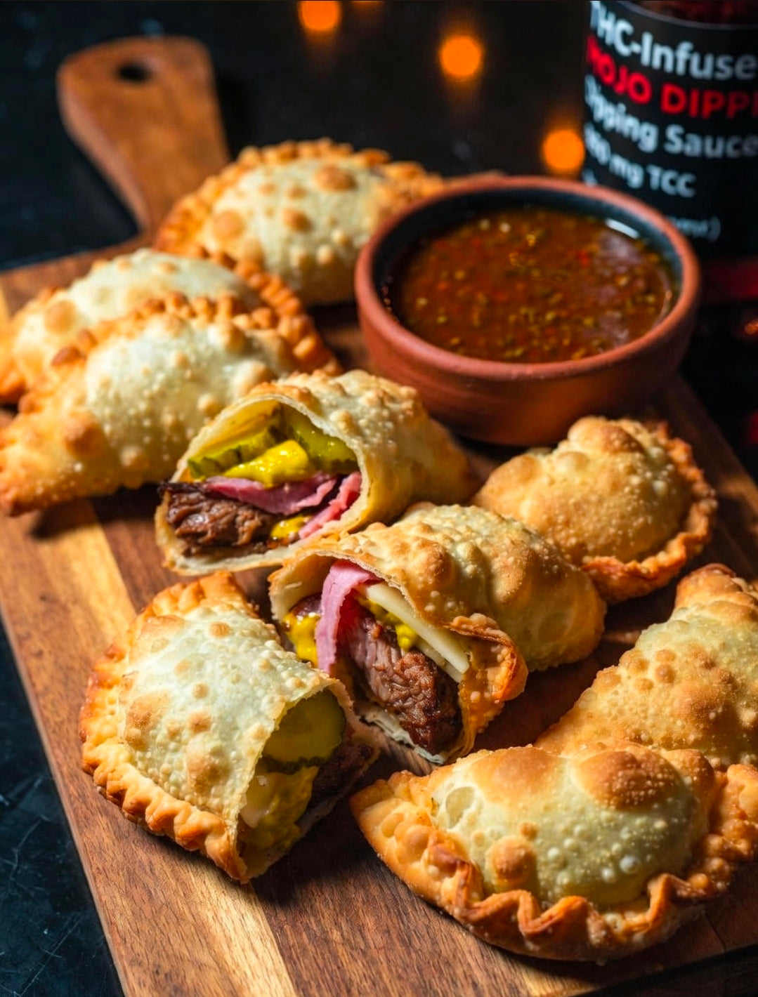 Miami Cuban Sandwich Empanadas with THC-Infused Mojo Dipping Sauce (80 mg each)
