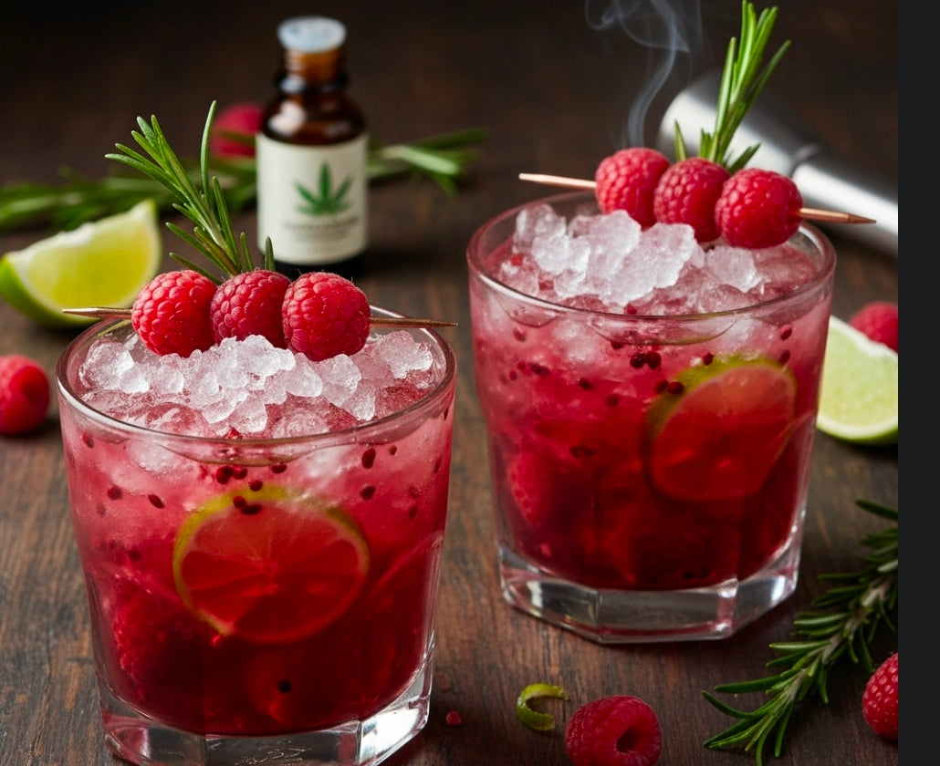 CANNABIS-INFUSED RASPBERRY ROSEMARY CAIPIRINHA MOCKTAIL