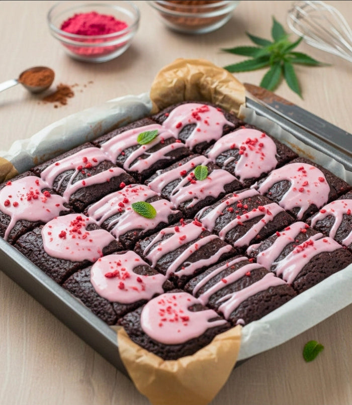 STRAWBERRY CANNA-BROWNIES WITH PINK GLAZE