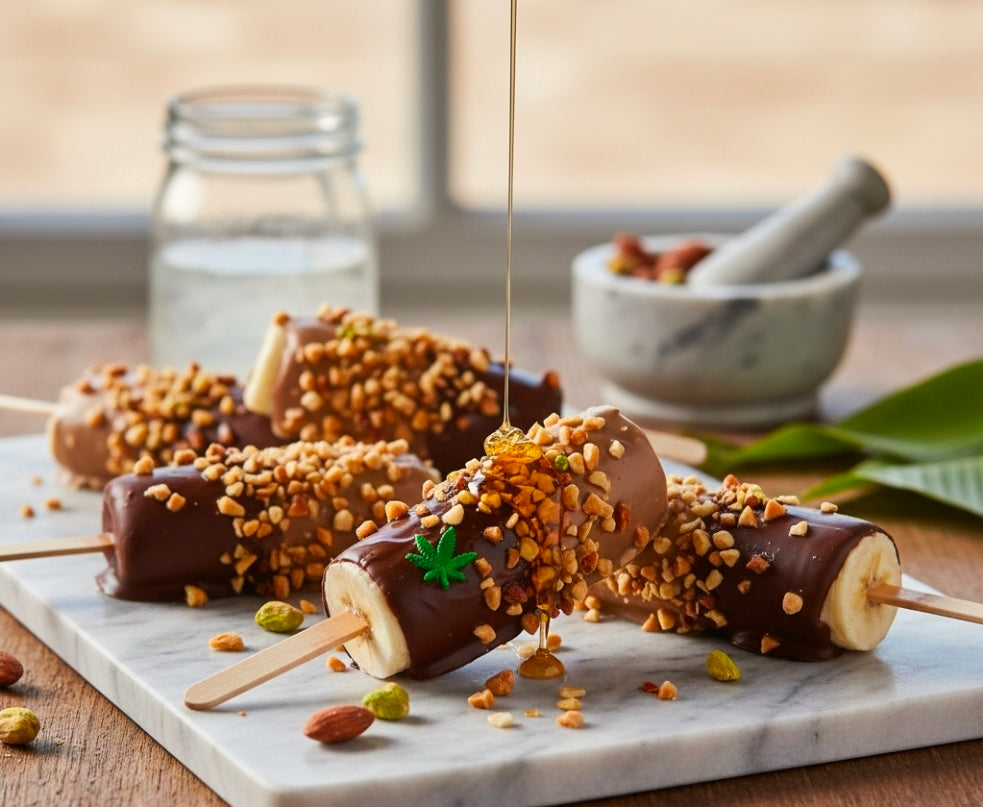 CHOCOLATE-DIPPED CANNA-BANANA POPS WITH CRUSHED NUTS