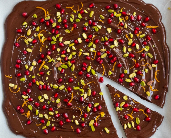 POMEGRANATE DARK CHOCOLATE CANNA-BARK WITH PISTACHIOS