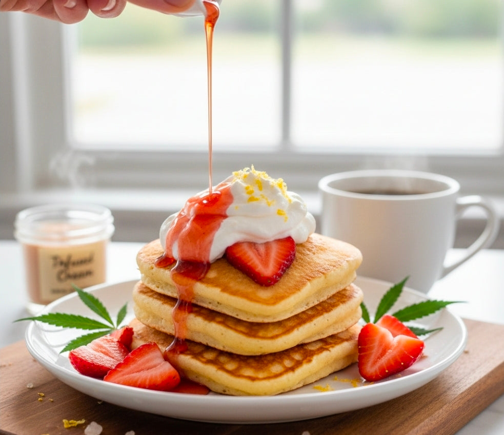 Strawberry Canna-Buttermilk Heart Pancakes with Whipped Cream