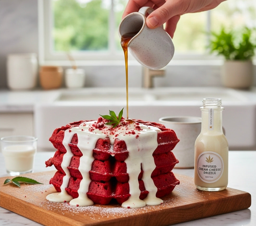 Red Velvet Canna-Waffles with Cream Cheese Drizzle