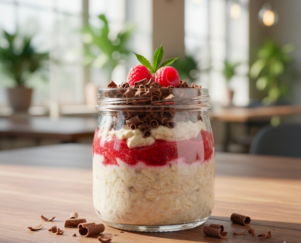 Raspberry Swirl Canna-Overnight Oats with Dark Chocolate Shavings