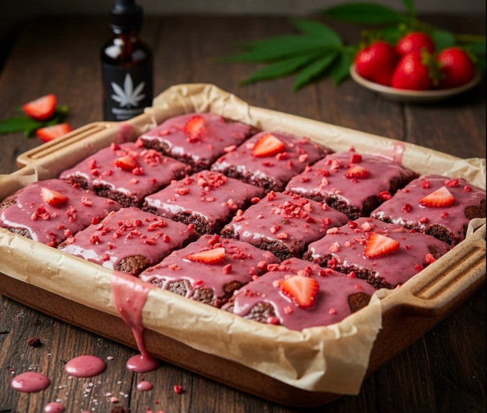 STRAWBERRY CANNA-BROWNIES WITH PINK GLAZE