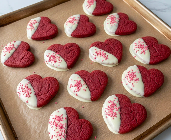 HEART-SHAPED RED VELVET CANNA-COOKIES DIPPED IN WHITE CHOCOLATE