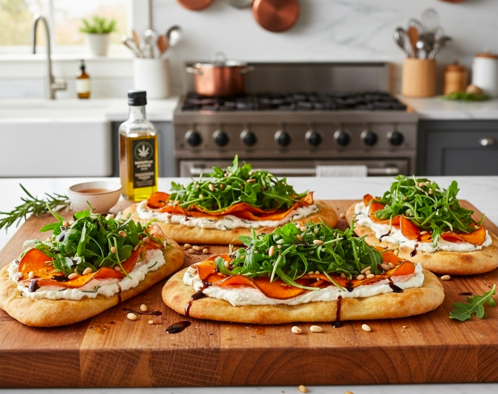Canna-Infused Sweet Potato, Ricotta, and Arugula Flatbreads