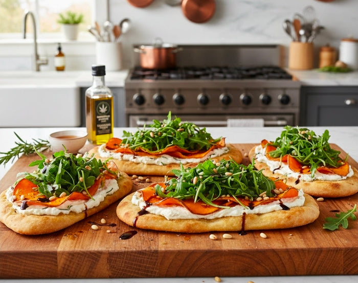 Canna-Infused Sweet Potato, Ricotta, and Arugula Flatbreads