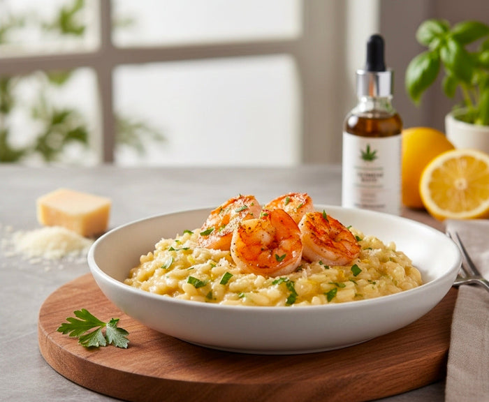 Canna-Infused Creamy Garlic Parmesan Risotto with Shrimp