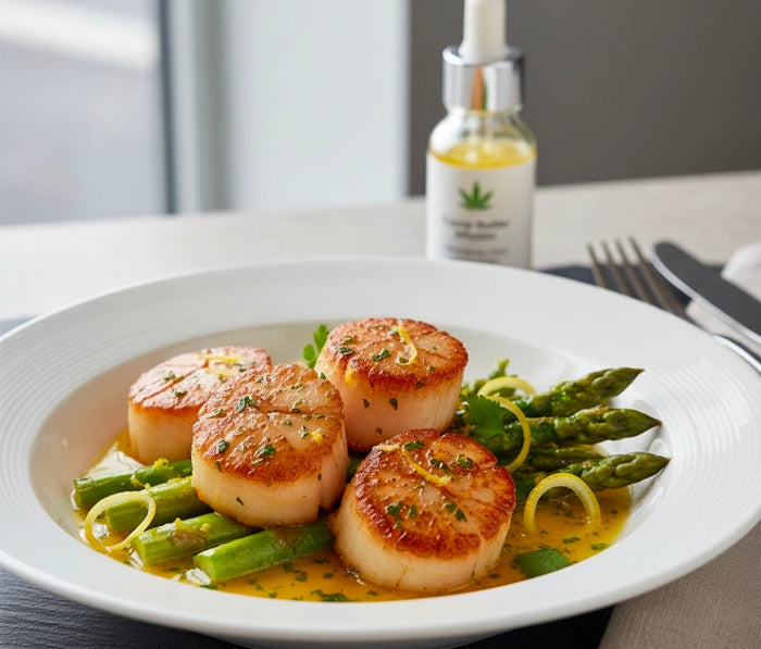 Lemon Canna-Butter Seared Scallops with Asparagus