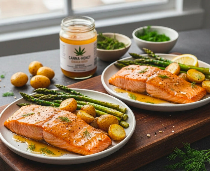 Canna-Honey Glazed Salmon with Roasted Asparagus and Potatoes