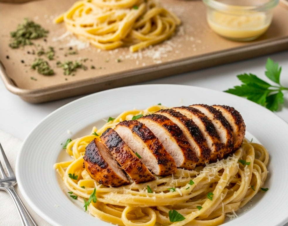 Creamy Canna-Alfredo Fettuccine with Blackened Chicken