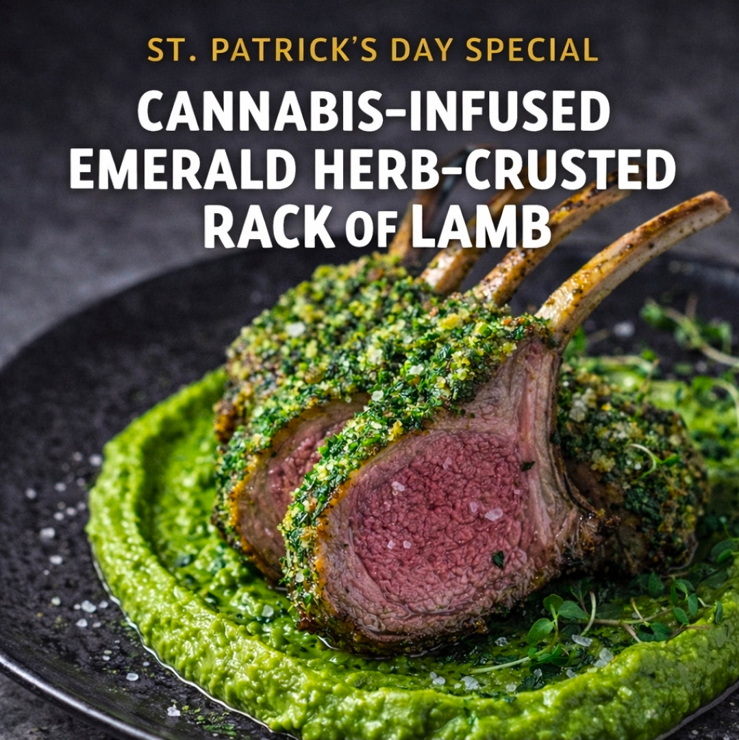 Cannabis-Infused “Emerald Herb-Crusted Rack of Lamb with Pea Purée”