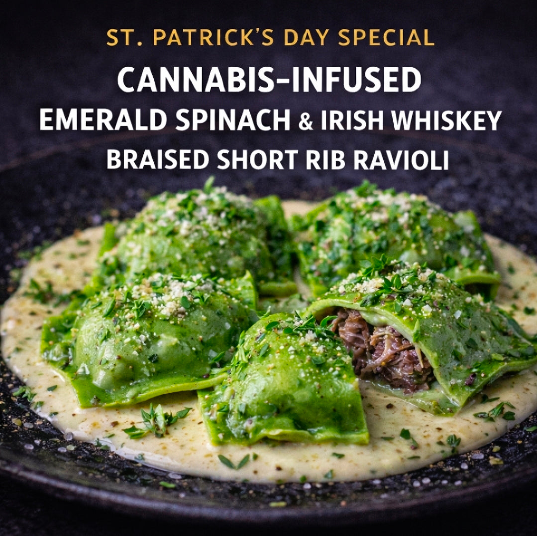 Cannabis-Infused “Emerald Spinach & Irish Whiskey Braised Short Rib Ravioli”