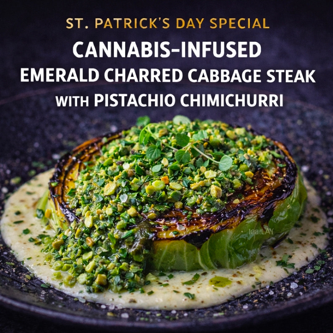 Cannabis-Infused “Emerald Charred Cabbage Steak with Pistachio Chimichurri”