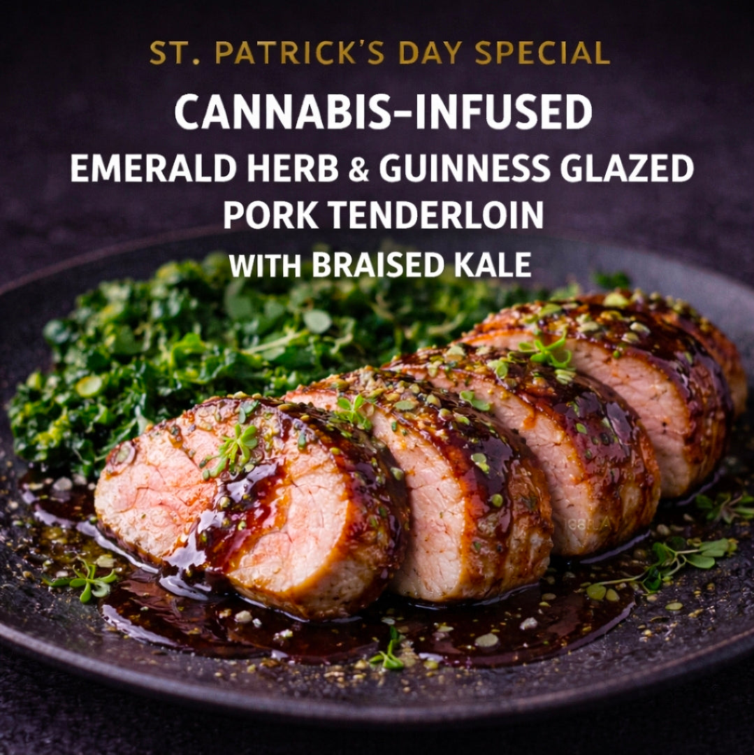 Cannabis-Infused “Emerald Herb & Guinness Glazed Pork Tenderloin with Braised Kale”