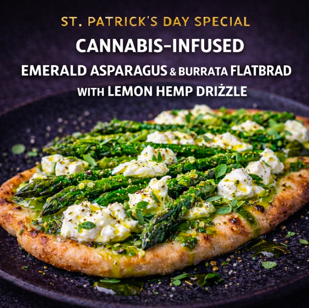Cannabis-Infused “Emerald Asparagus & Burrata Flatbread with Lemon Hemp Drizzle”