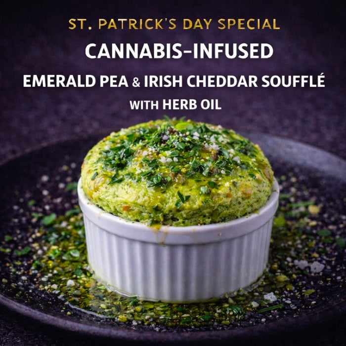 Cannabis-Infused “Emerald Pea & Irish Cheddar Soufflé with Herb Oil”