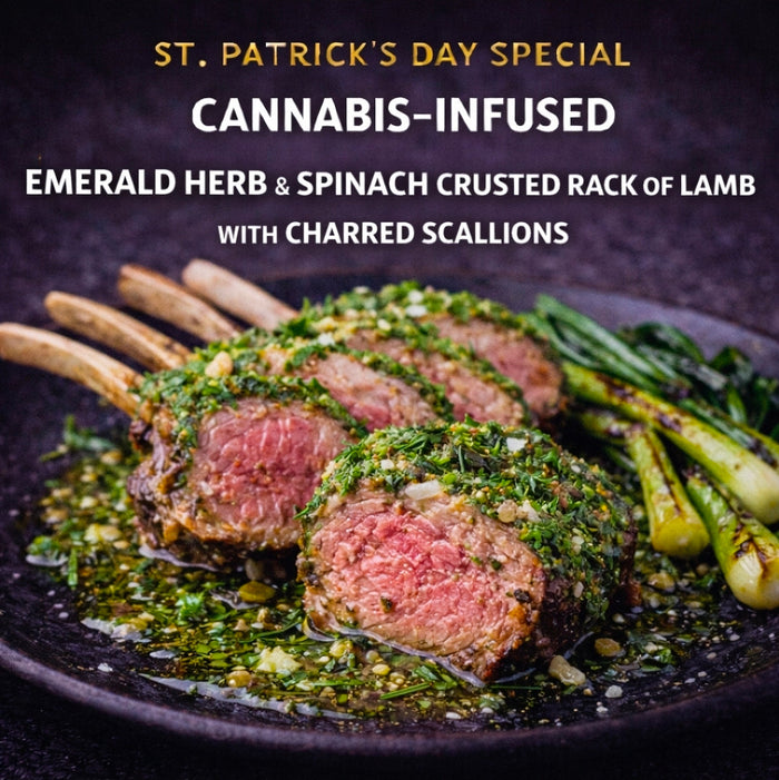 Cannabis-Infused “Emerald Herb & Spinach Crusted Rack of Lamb with Charred Scallions”