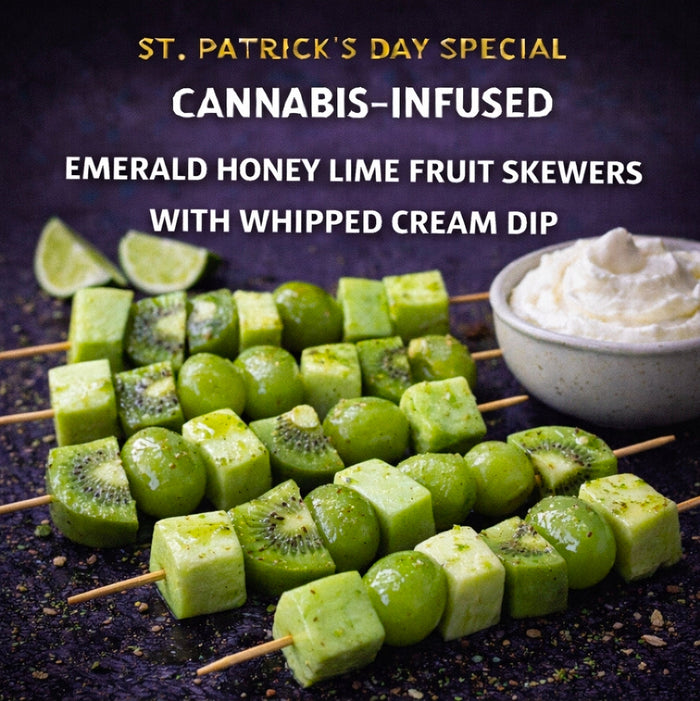 Cannabis-Infused Emerald Honey Lime Fruit Skewers with Whipped Cream Dip