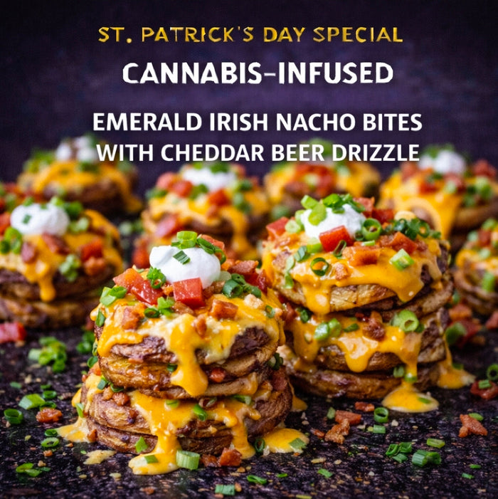Cannabis-Infused Emerald Irish Nacho Bites with Cheddar Beer Drizzle