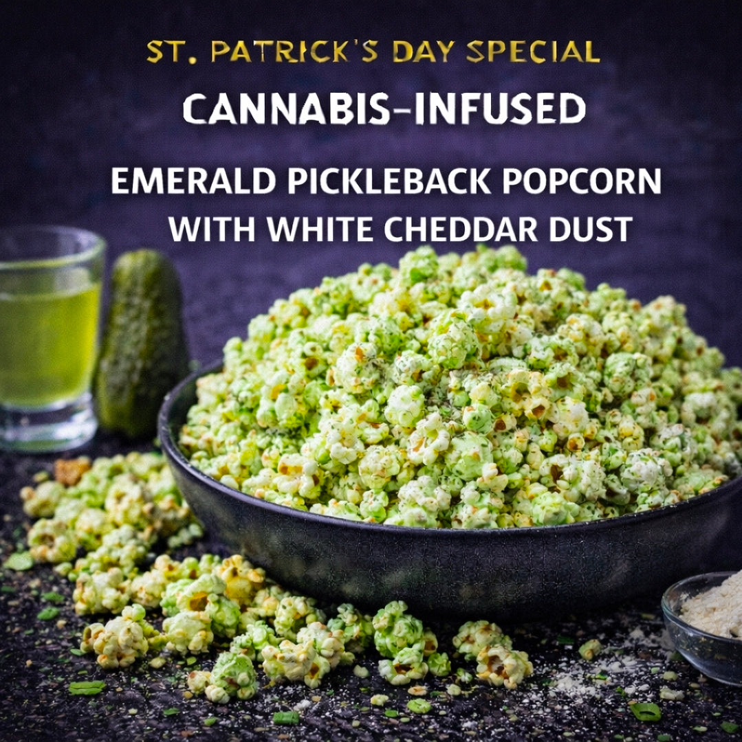 Cannabis-Infused Emerald Pickleback Popcorn with White Cheddar Dust