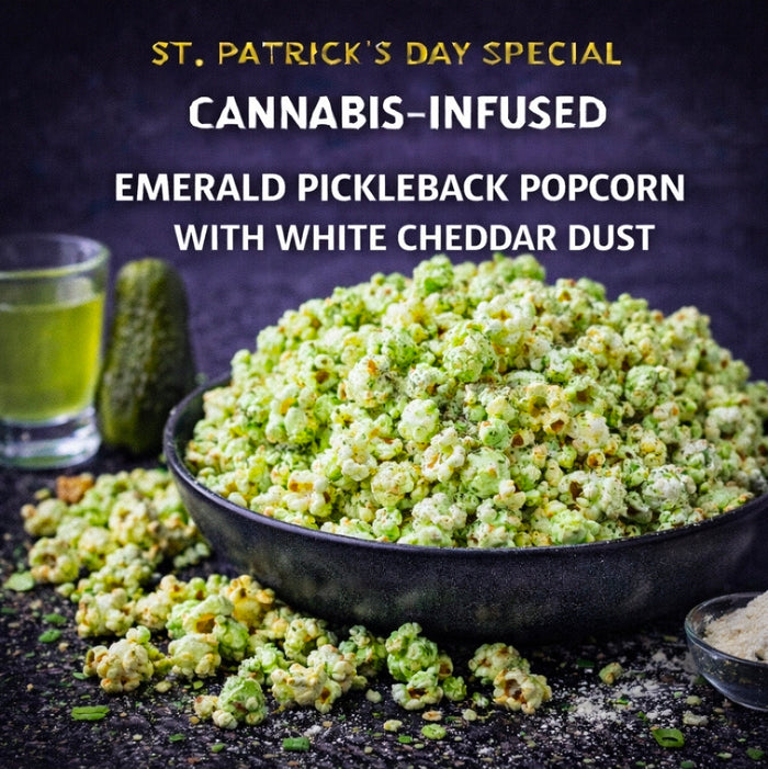 Cannabis-Infused Emerald Pickleback Popcorn with White Cheddar Dust