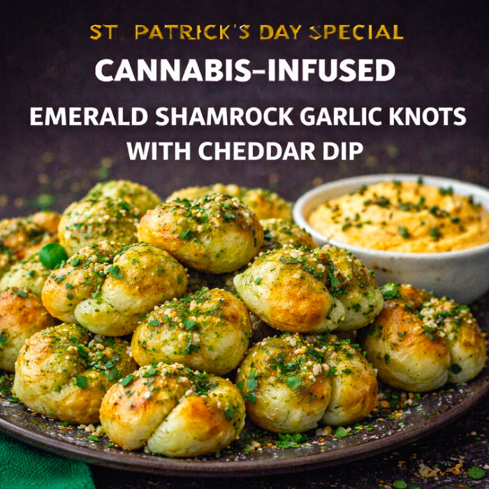 Cannabis-Infused Emerald Shamrock Garlic Knots with Cheddar Dip