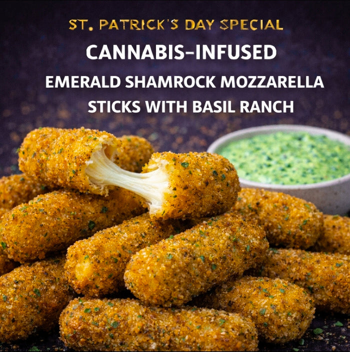 Cannabis-Infused Emerald Shamrock Mozzarella Sticks with Basil Ranch