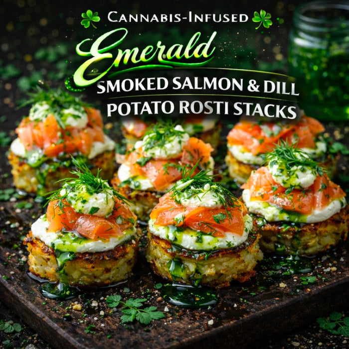 Cannabis-Infused Emerald Smoked Salmon & Dill Potato Rosti Stacks
