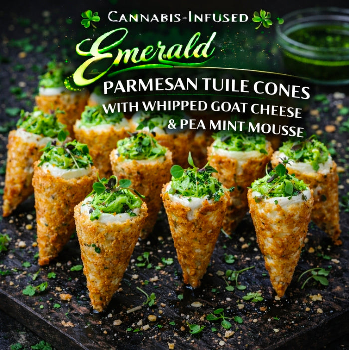 Cannabis-Infused Emerald Parmesan Tuile Cones with Whipped Goat Cheese & Pea Mint Mousse