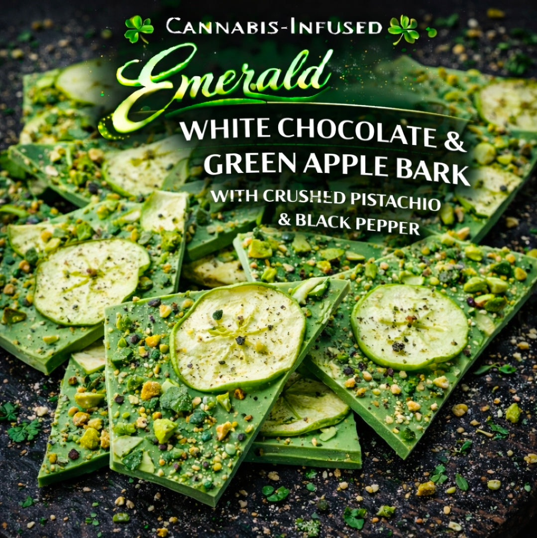 Cannabis-Infused Emerald White Chocolate & Green Apple Bark with Crushed Pistachio & Black Pepper