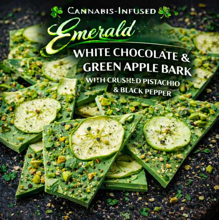 Cannabis-Infused Emerald White Chocolate & Green Apple Bark with Crushed Pistachio & Black Pepper