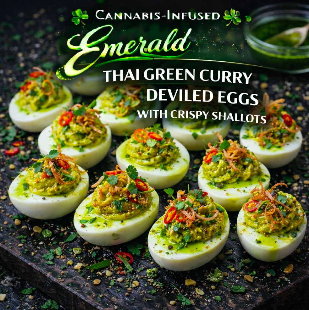 Cannabis-Infused Emerald Thai Green Curry Deviled Eggs with Crispy Shallots