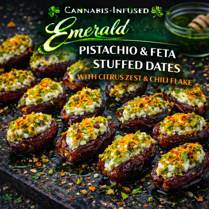 Cannabis-Infused Emerald Pistachio & Feta Stuffed Dates with Citrus Zest & Chili Flake