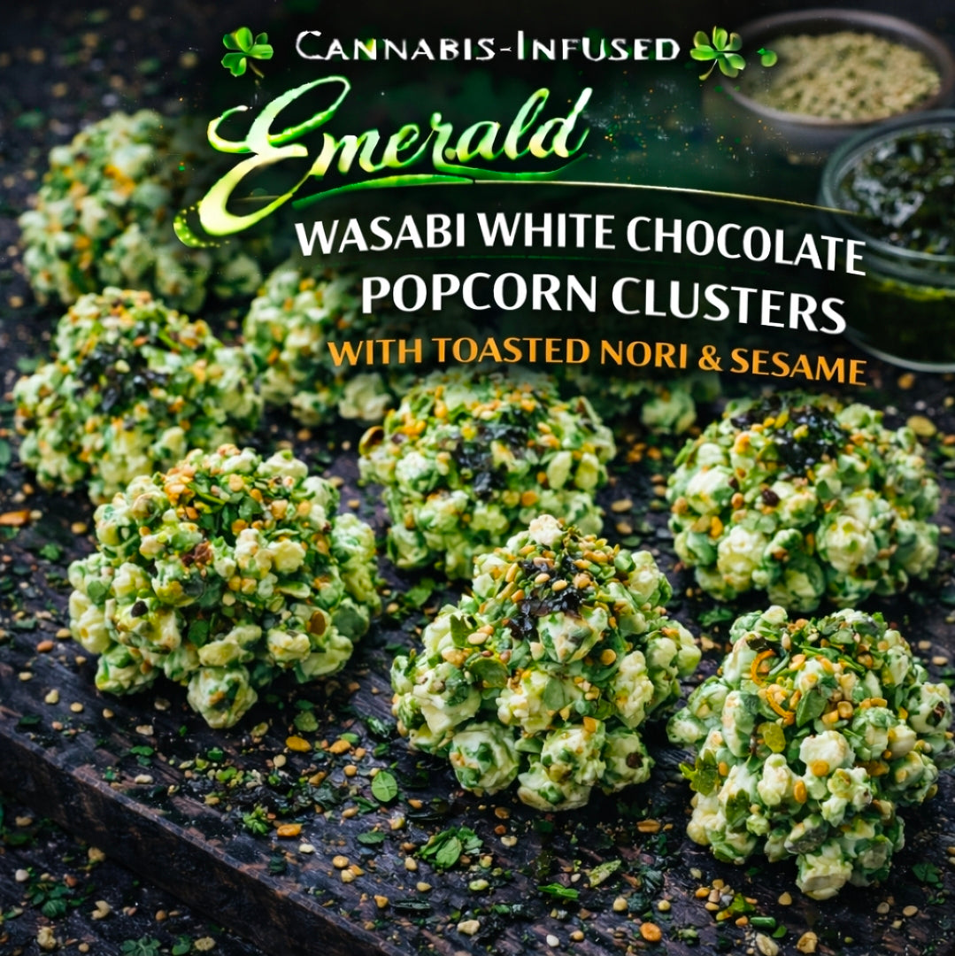 Cannabis-Infused Emerald Wasabi White Chocolate Popcorn Clusters with Toasted Nori & Sesame