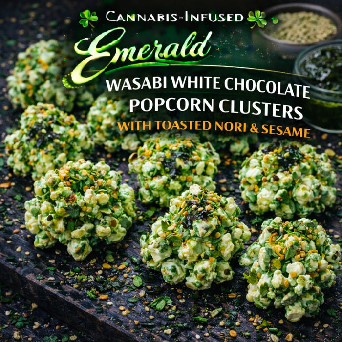 Cannabis-Infused Emerald Wasabi White Chocolate Popcorn Clusters with Toasted Nori & Sesame