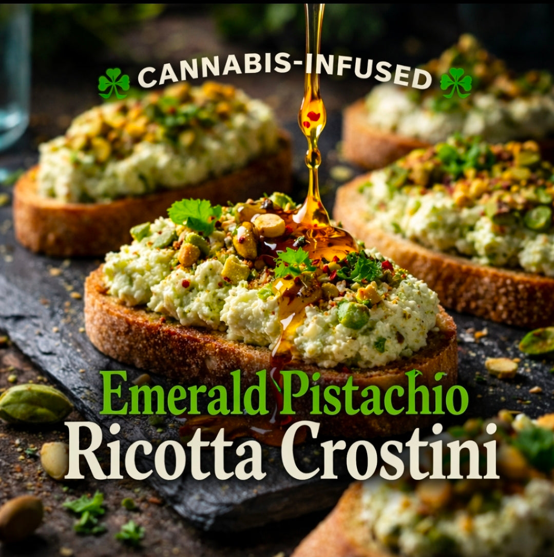 Cannabis-Infused “Emerald Pistachio Ricotta Crostini with Hot Honey”