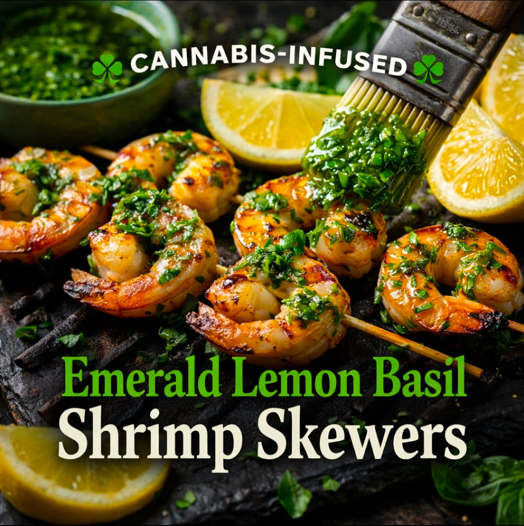 Cannabis-Infused “Emerald Lemon Basil Shrimp Skewers
