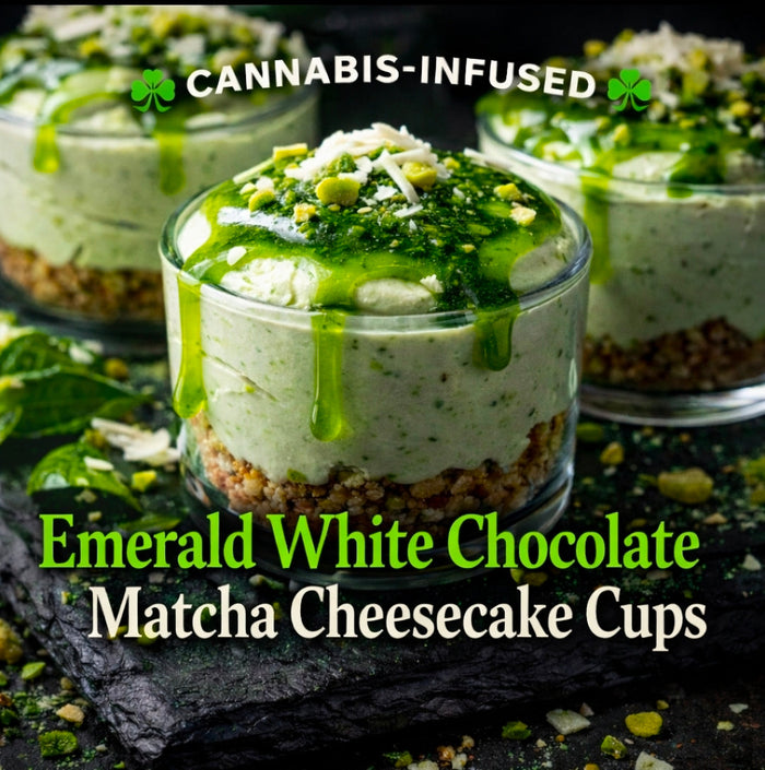 Cannabis-Infused “Emerald White Chocolate Matcha Cheesecake Cups