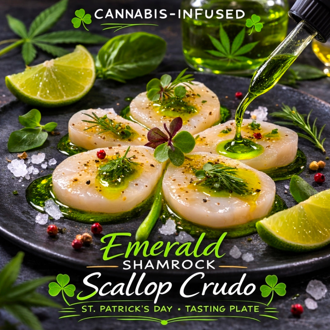 Cannabis-Infused “Emerald Shamrock Scallop Crudo”
