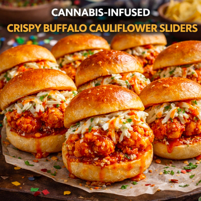 CANNABIS-INFUSED CRISPY BUFFALO CAULIFLOWER SLIDERS