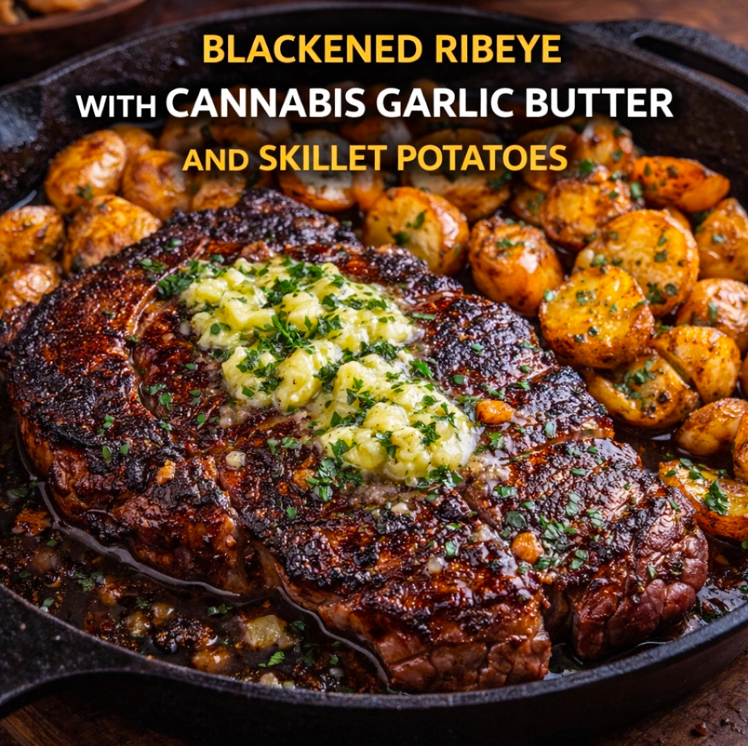 Blackened Ribeye with Cannabis Garlic Butter and Skillet Potatoes