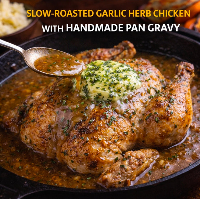 Slow-Roasted Garlic Herb Chicken with Handmade Pan Gravy